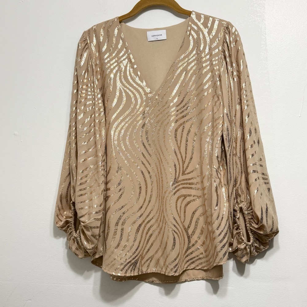 Gold Foil Ruched Sleeve Party Blouse V Neck ADRIENNE Size Small - Picture 2 of 6